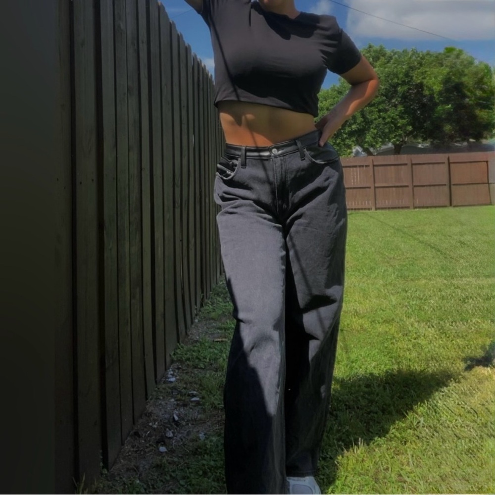 Abercrombie Black Loose High Rise Jean 31 Tall Black Leather Grunge‎ Full Length